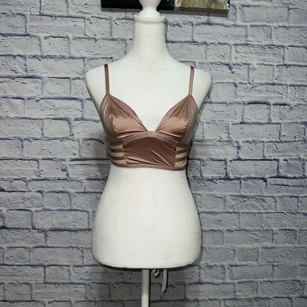 Victoria Secret Bra Strappy Mesh nude long line Satin beige sheer bralette Small
